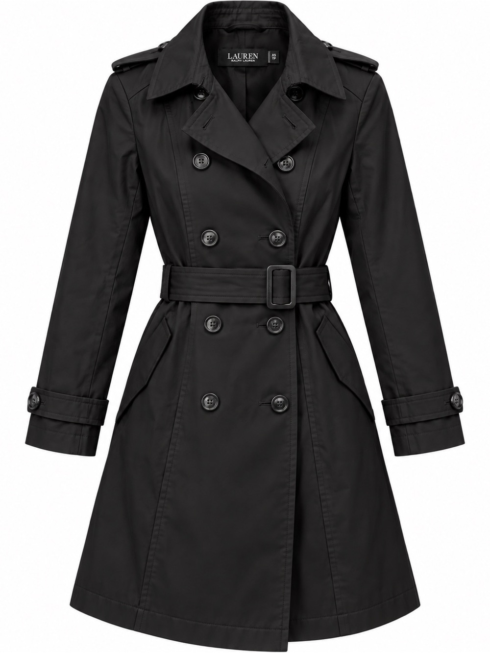 Lauren Ralph Lauren Black Belted Double Breasted Trench Coat XS
